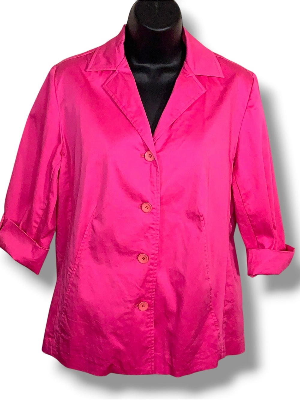 Vintage Size 8 Studio Works Fuchsia Barbie Pink Button Up Top Cuffed 3/4 Sleeve